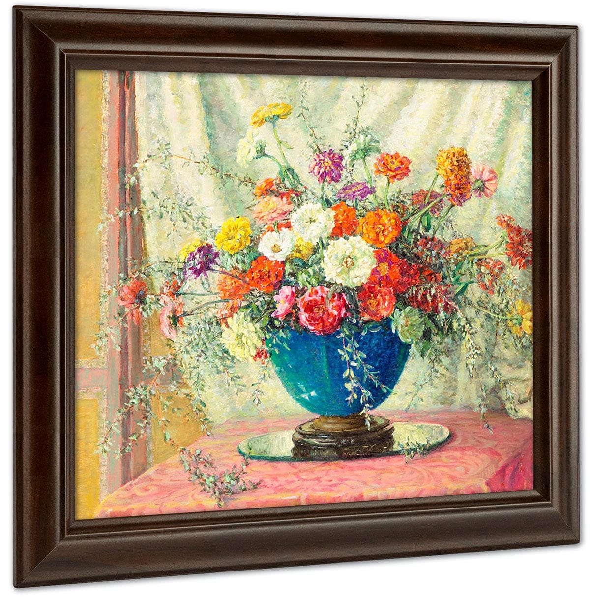 Zinnias In A Blue Vase, 1914 By Anna Lee Stacey Fine Art Print