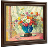 Zinnias In A Blue Vase, 1914 By Anna Lee Stacey Fine Art Print