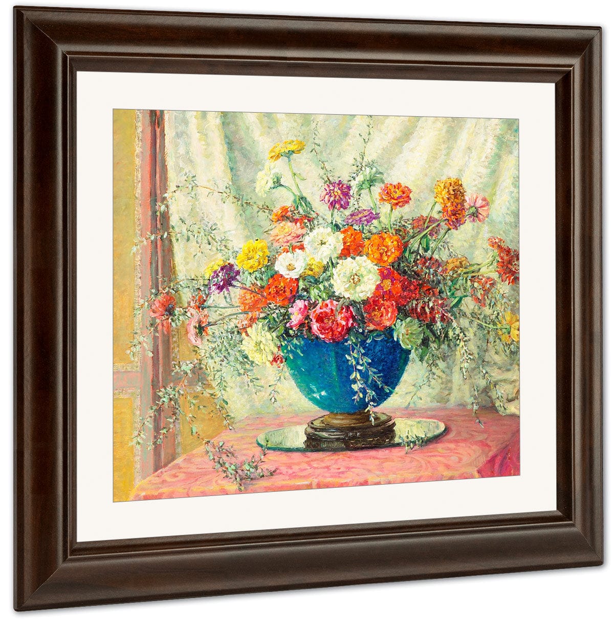 Zinnias In A Blue Vase, 1914 By Anna Lee Stacey Fine Art Print