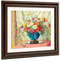Zinnias In A Blue Vase, 1914 By Anna Lee Stacey Fine Art Print