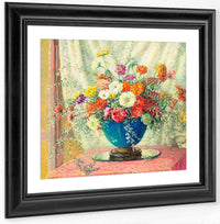Zinnias In A Blue Vase, 1914 By Anna Lee Stacey Fine Art Print