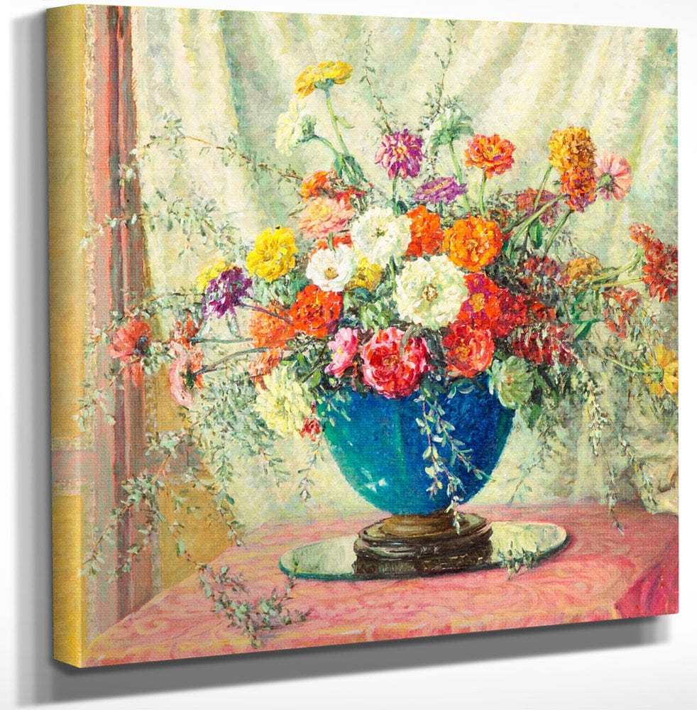 Zinnias In A Blue Vase, 1914 By Anna Lee Stacey Fine Art Print