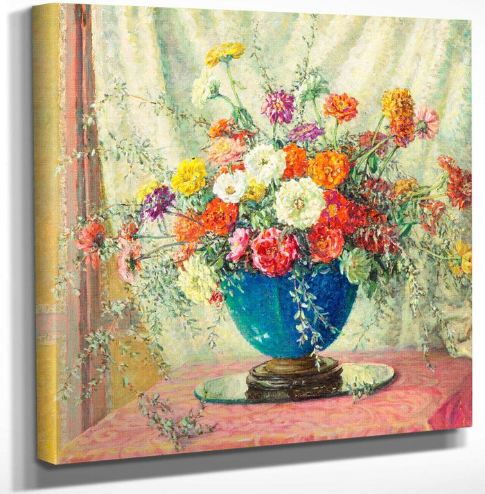 Zinnias In A Blue Vase, 1914 By Anna Lee Stacey Fine Art Print