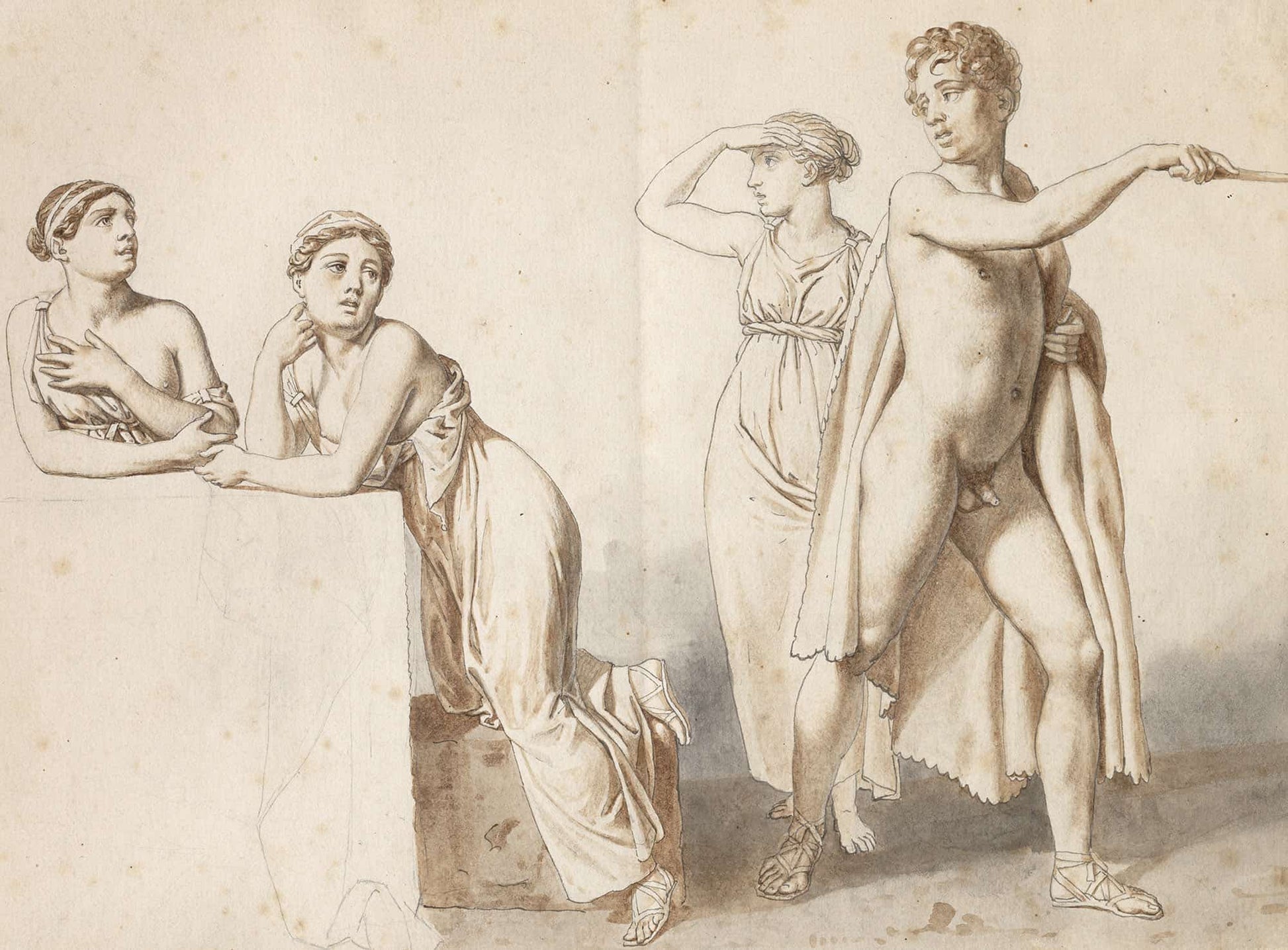 Fire Studiefigurer Tre Kvindelige Og En Mandlig I Antikke Dragter by Christoffer Wilhelm Eckersberg