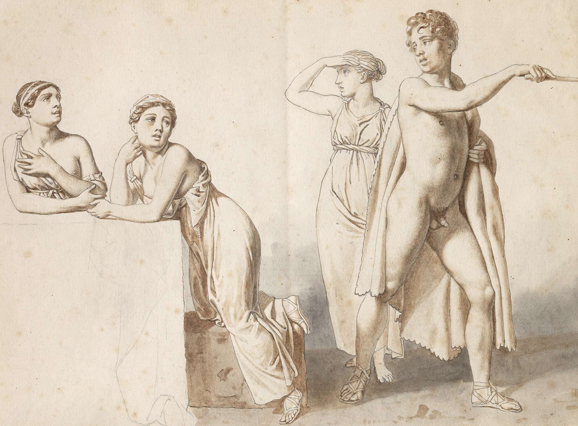 Fire Studiefigurer Tre Kvindelige Og En Mandlig I Antikke Dragter by Christoffer Wilhelm Eckersberg