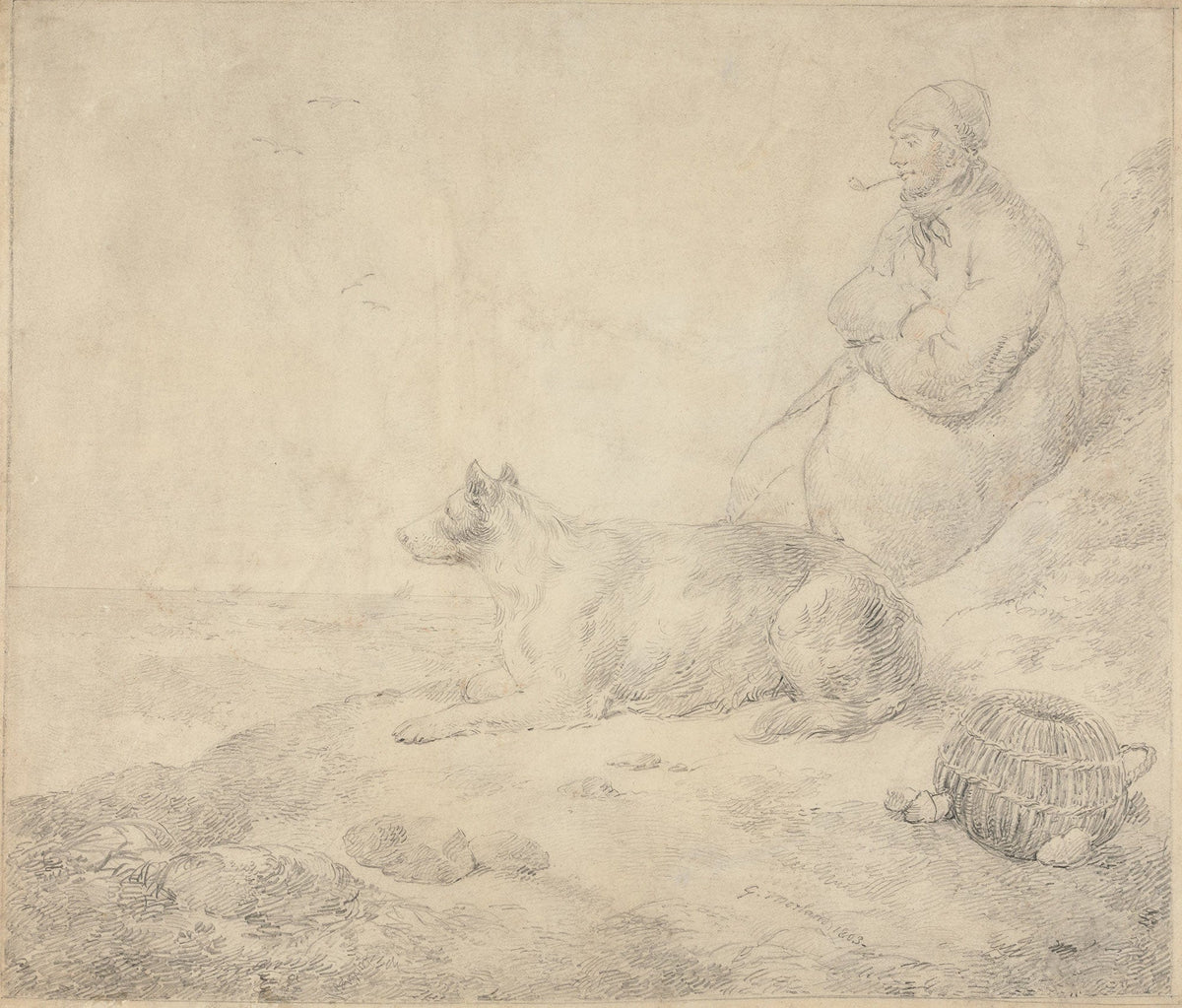 Fisherman And Dog Sitting By The Coast by George Morland