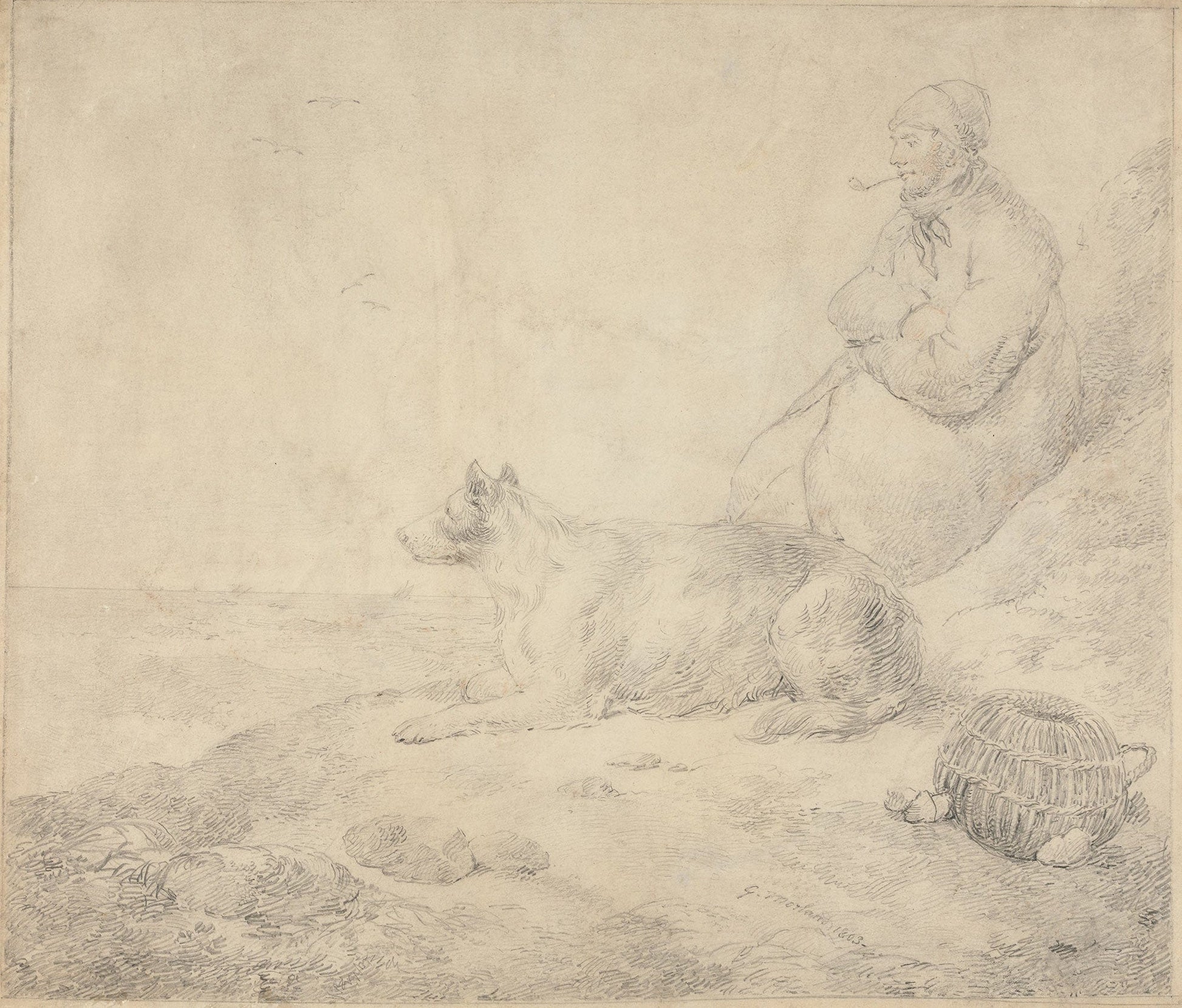 Fisherman And Dog Sitting By The Coast by George Morland