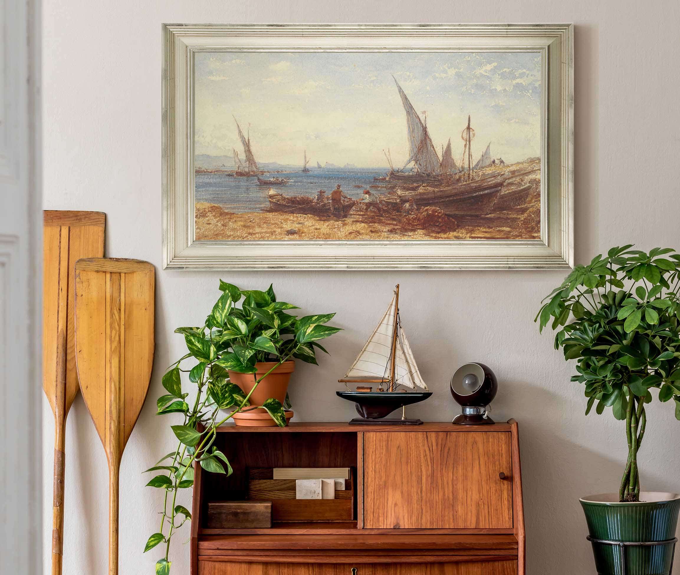 Fishermen And Boats At Waters Edge by Felix Ziem