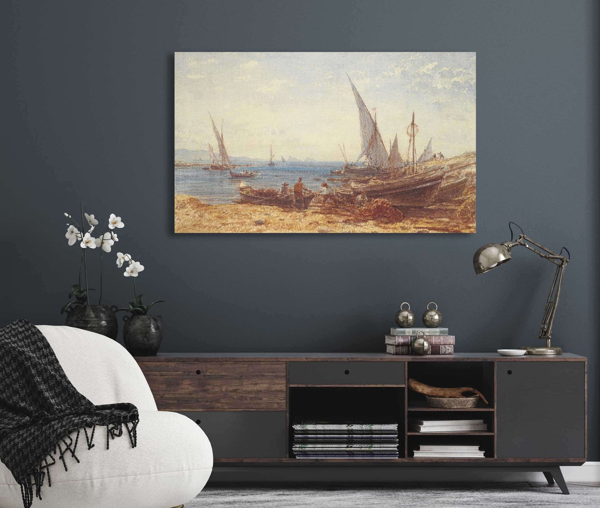 Fishermen And Boats At Waters Edge by Felix Ziem