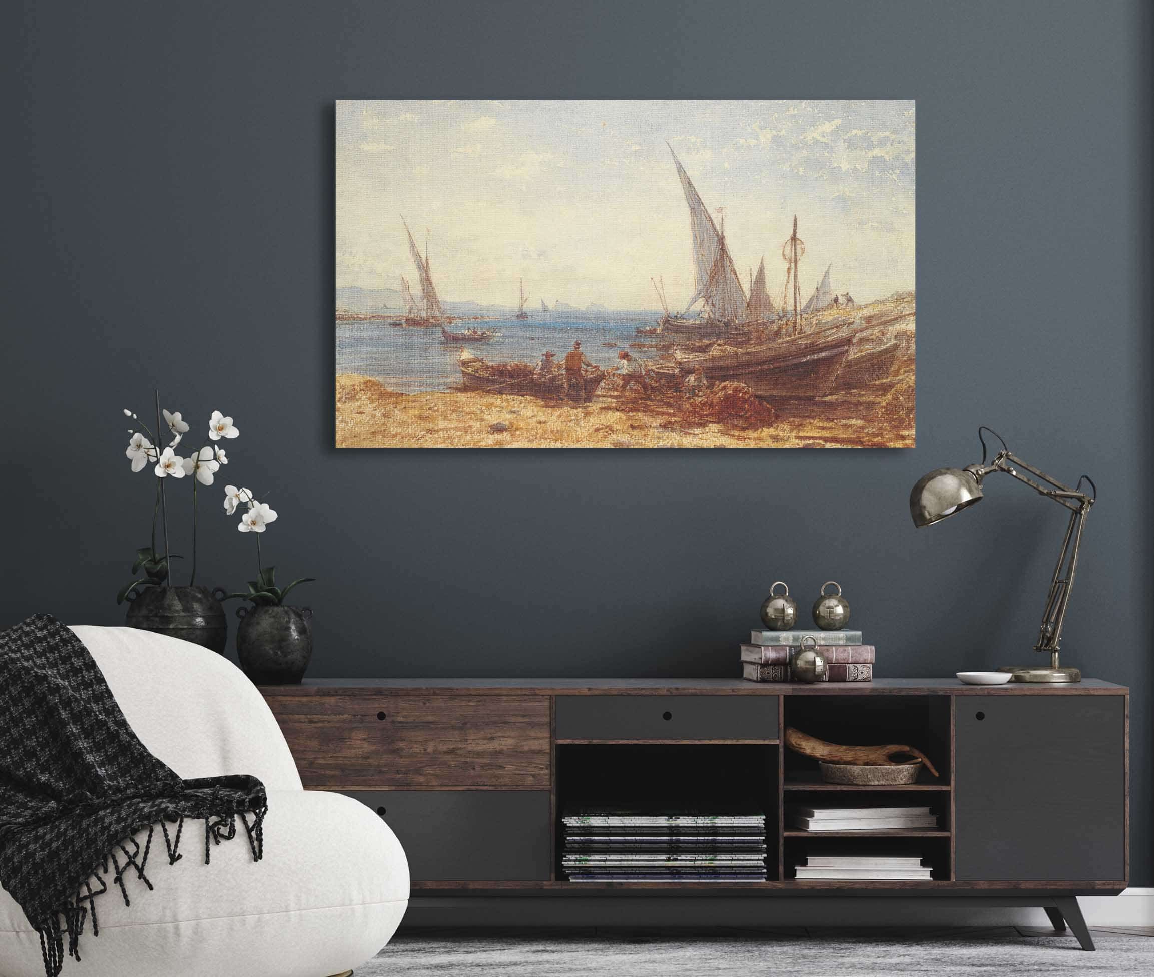 Fishermen And Boats At Waters Edge by Felix Ziem