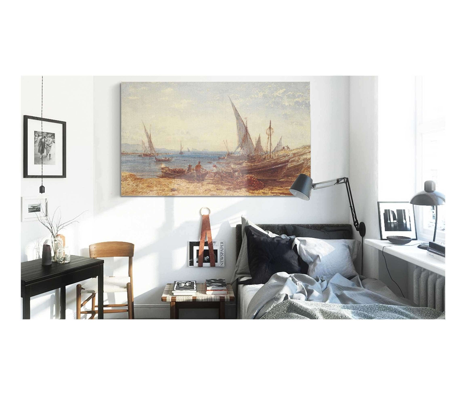 Fishermen And Boats At Waters Edge by Felix Ziem