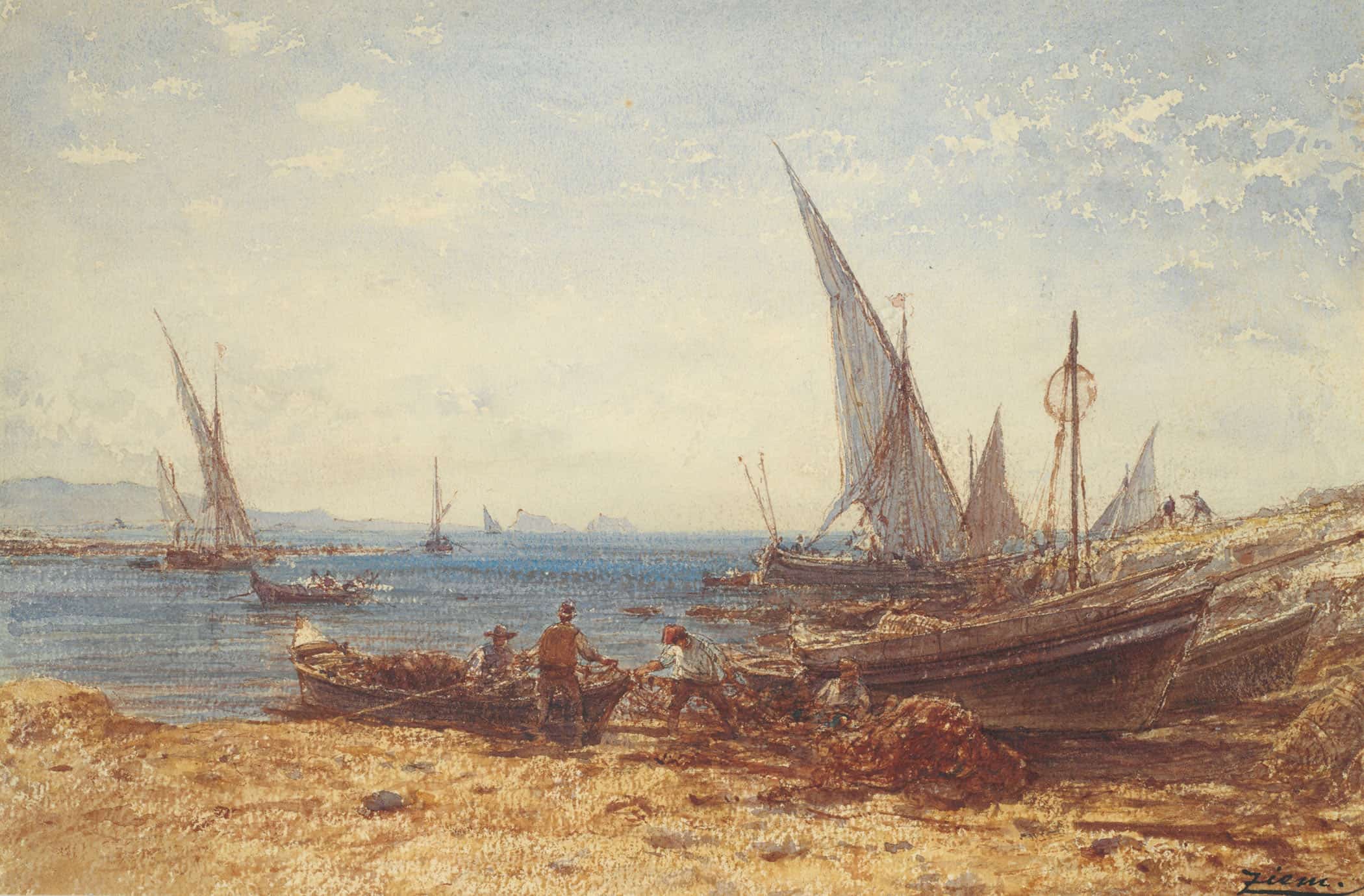 Fishermen And Boats At Waters Edge by Felix Ziem