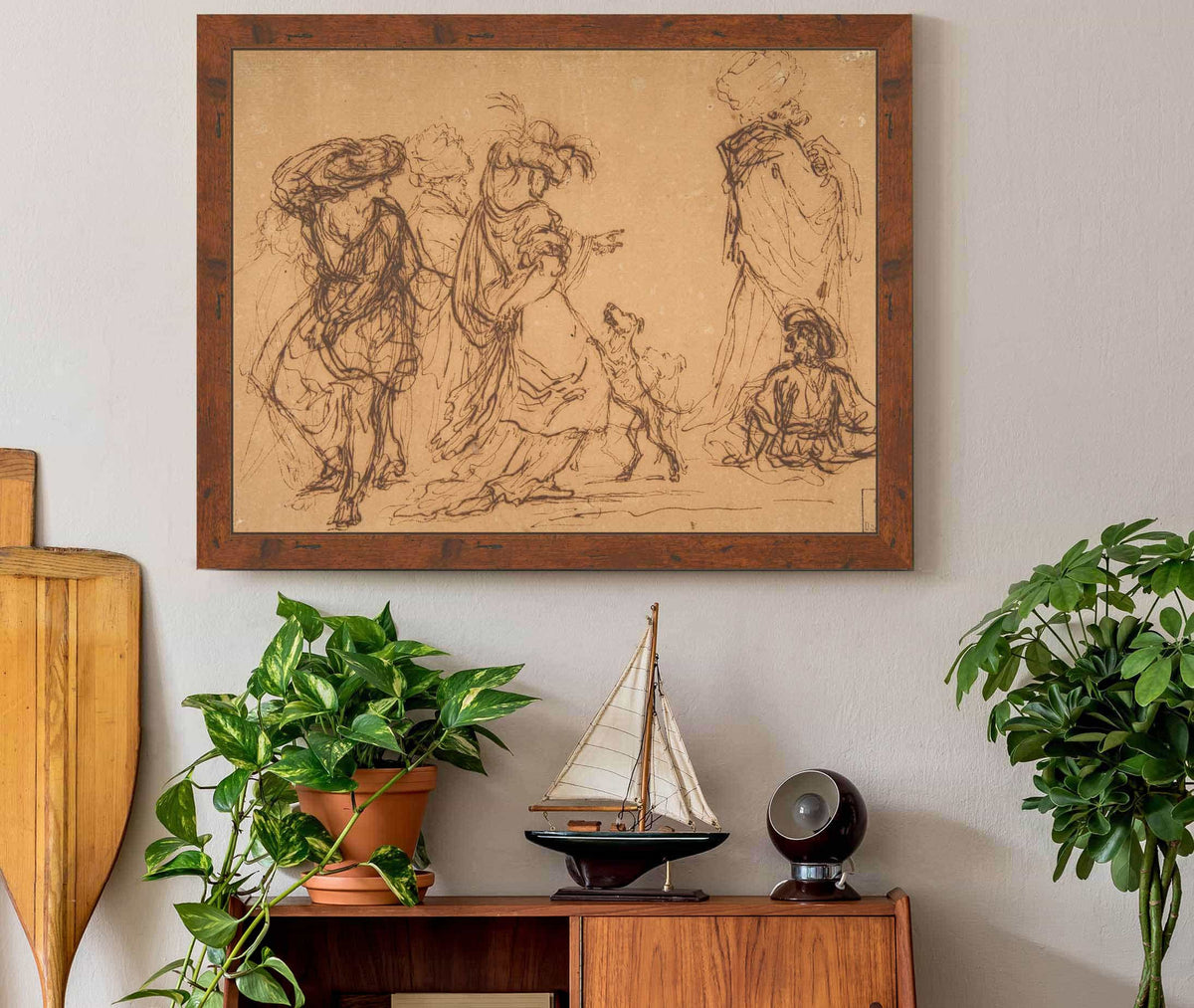 Five Figures In Fantastic Costumes With Two Dogs  by Salvator Rosa