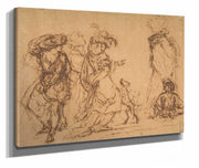 Five Figures In Fantastic Costumes With Two Dogs  by Salvator Rosa