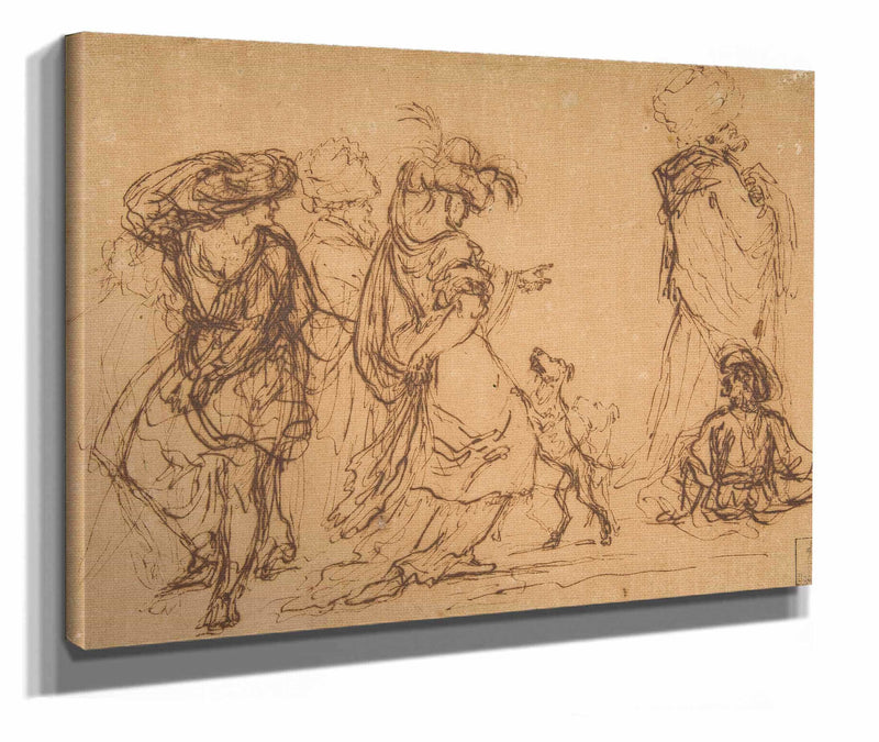 Five Figures In Fantastic Costumes With Two Dogs  by Salvator Rosa