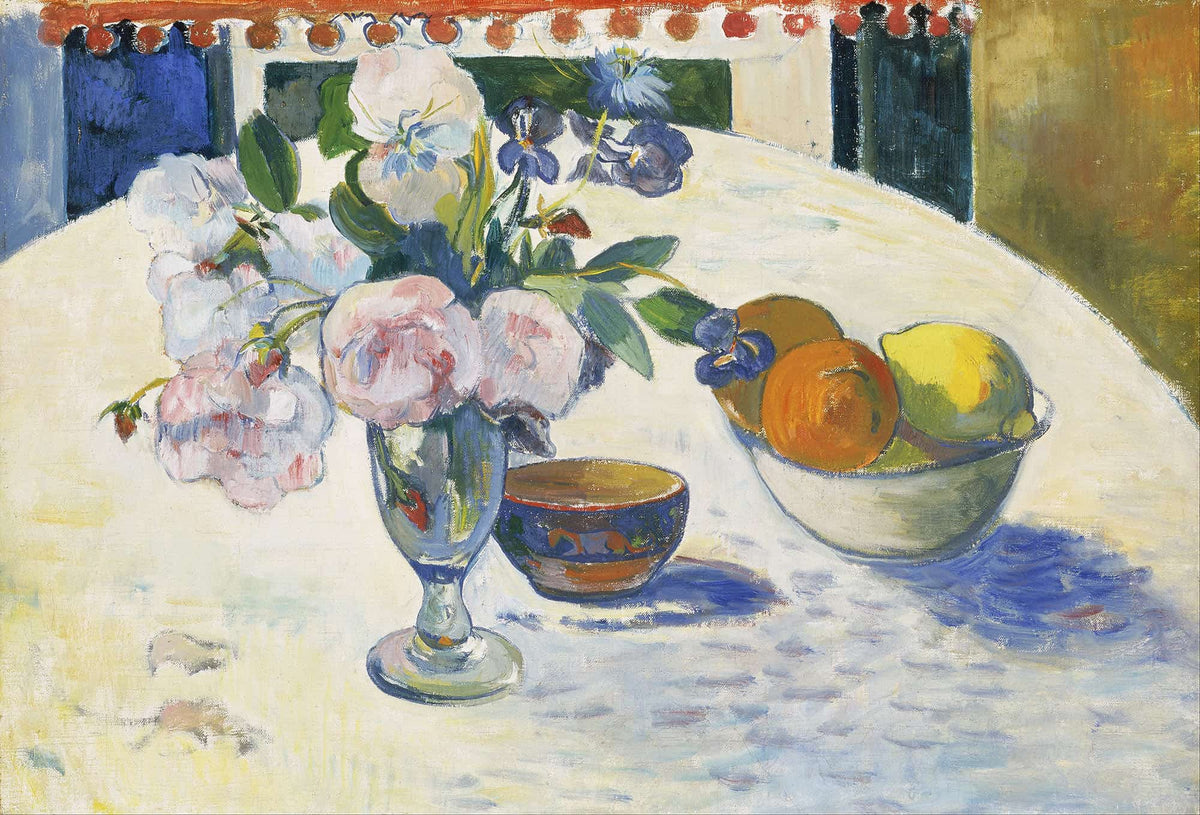Flowers And A Bowl Of Fruit On A Table by Paul Gauguin