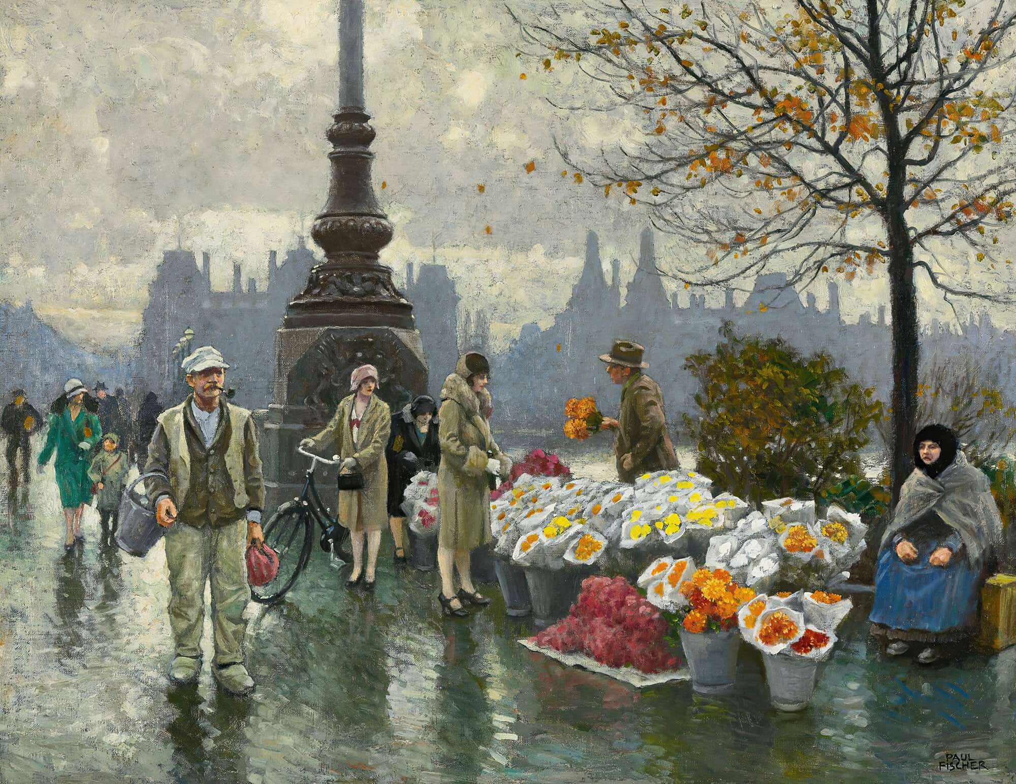 Flowersellers At Dr Louises Bro Queen Louises Bridge In Copenhagen by Paul Fischer