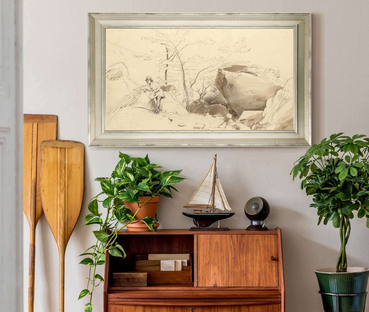 Fontainebleau Figure Leaning Against A Rock   by Jean Baptiste Camille Corot