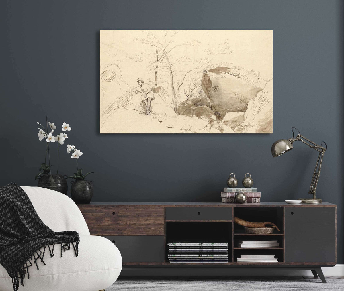 Fontainebleau Figure Leaning Against A Rock   by Jean Baptiste Camille Corot