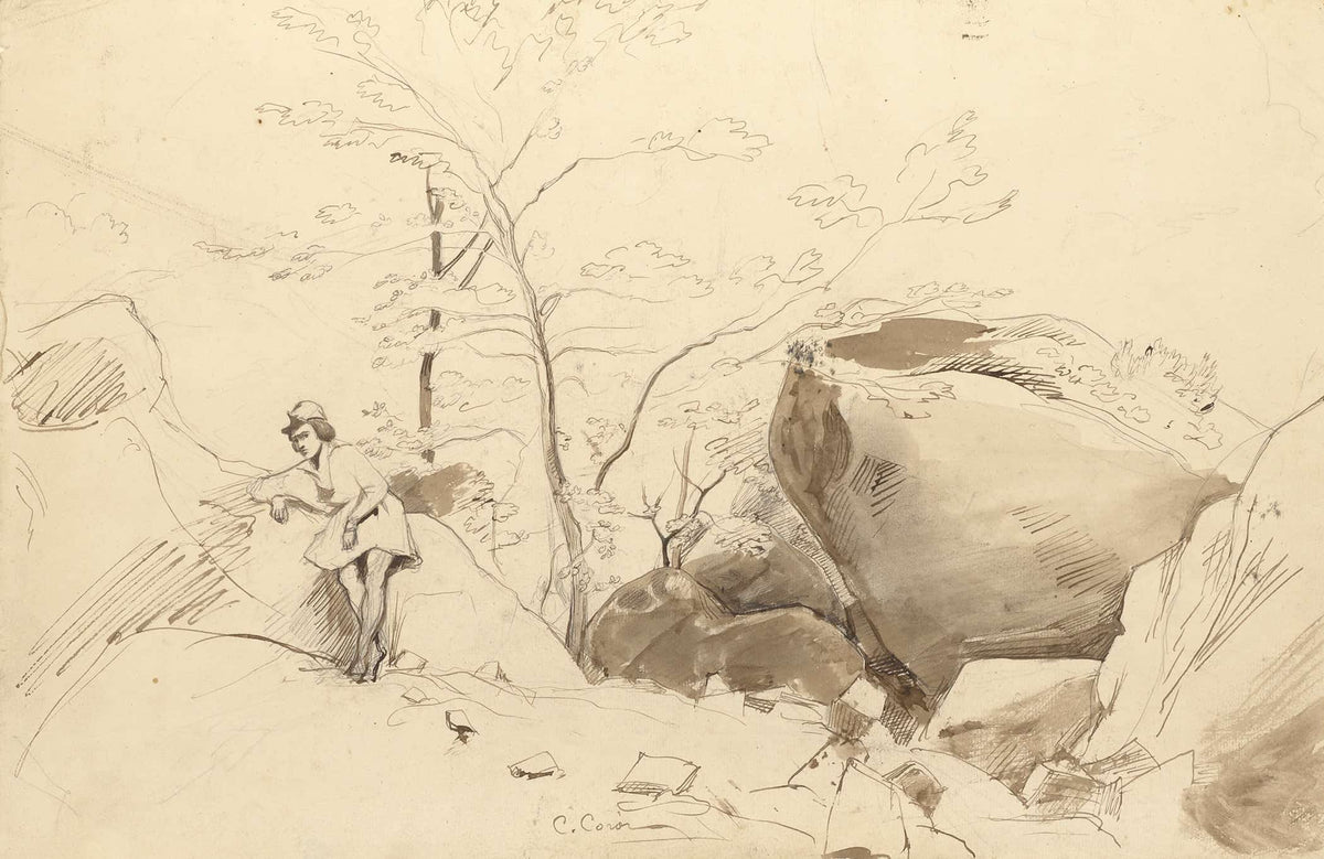 Fontainebleau Figure Leaning Against A Rock   by Jean Baptiste Camille Corot