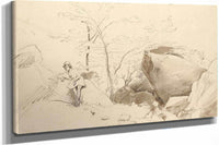 Fontainebleau Figure Leaning Against A Rock   by Jean Baptiste Camille Corot