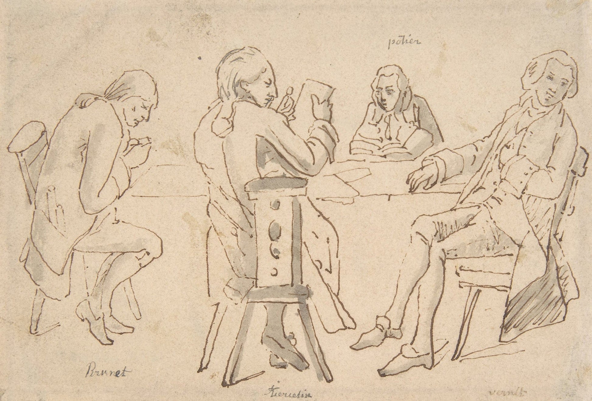 Four Artists Seated At A Table Brunet Potier Tiercetin Vernet by Horace Vernet