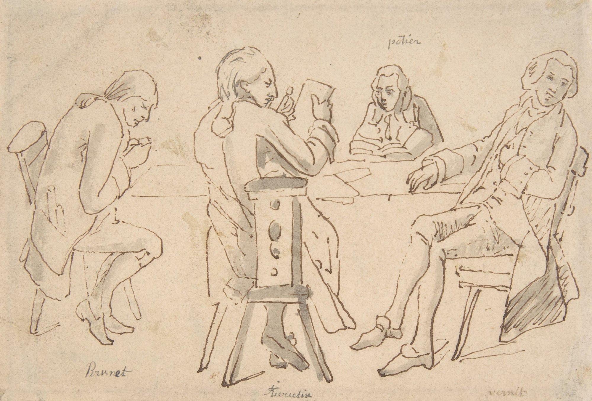 Four Artists Seated At A Table Brunet Potier Tiercetin Vernet by Horace Vernet