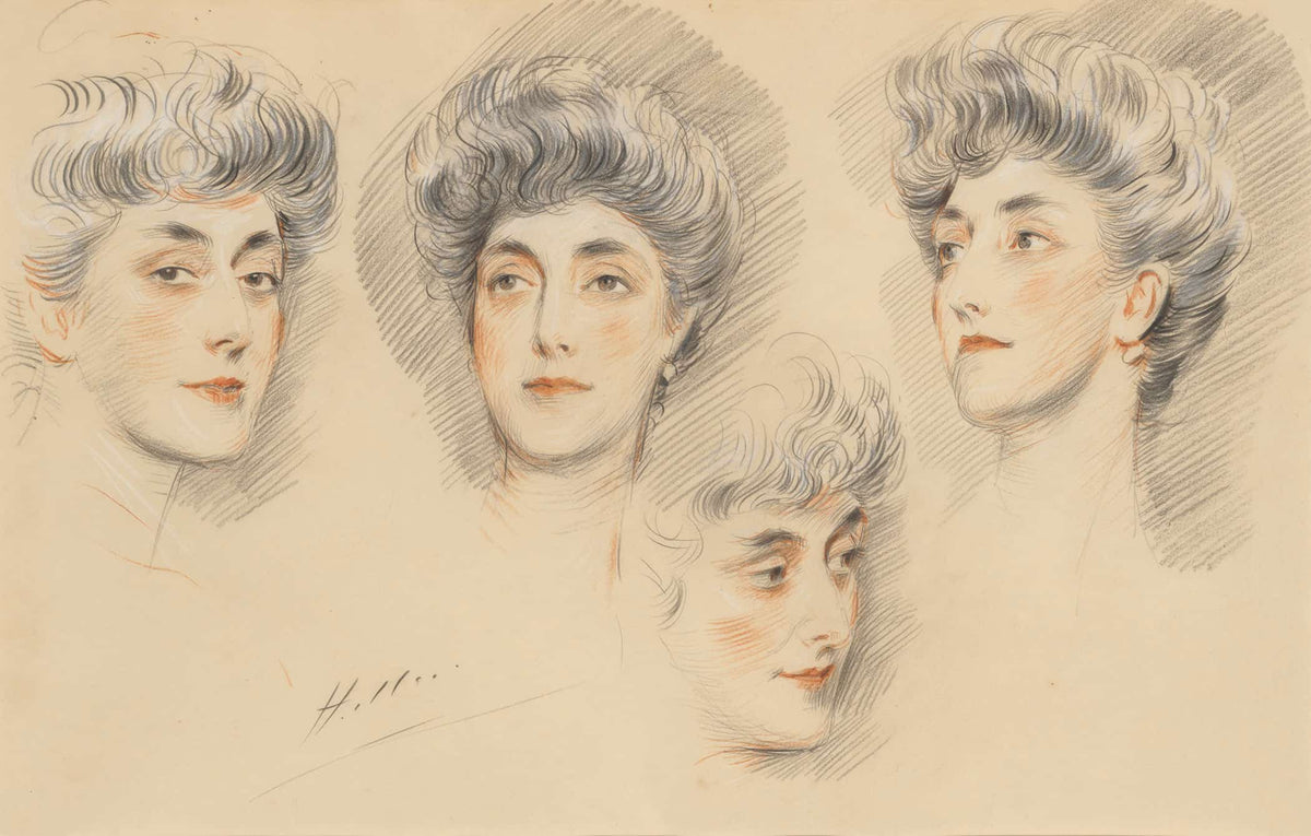 Four Head Studies Of A Lady Traditionally Identified As Mrs Gertrude Vanderbilt Whitney by Paul Cesar Helleu