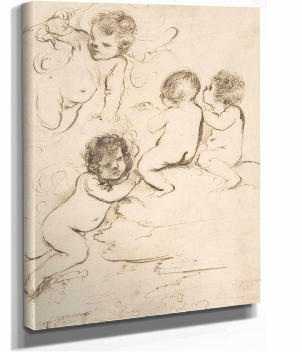 Four Putti With Bow And Arrows On Clouds Above A Landscape With A Tower   by Guercino