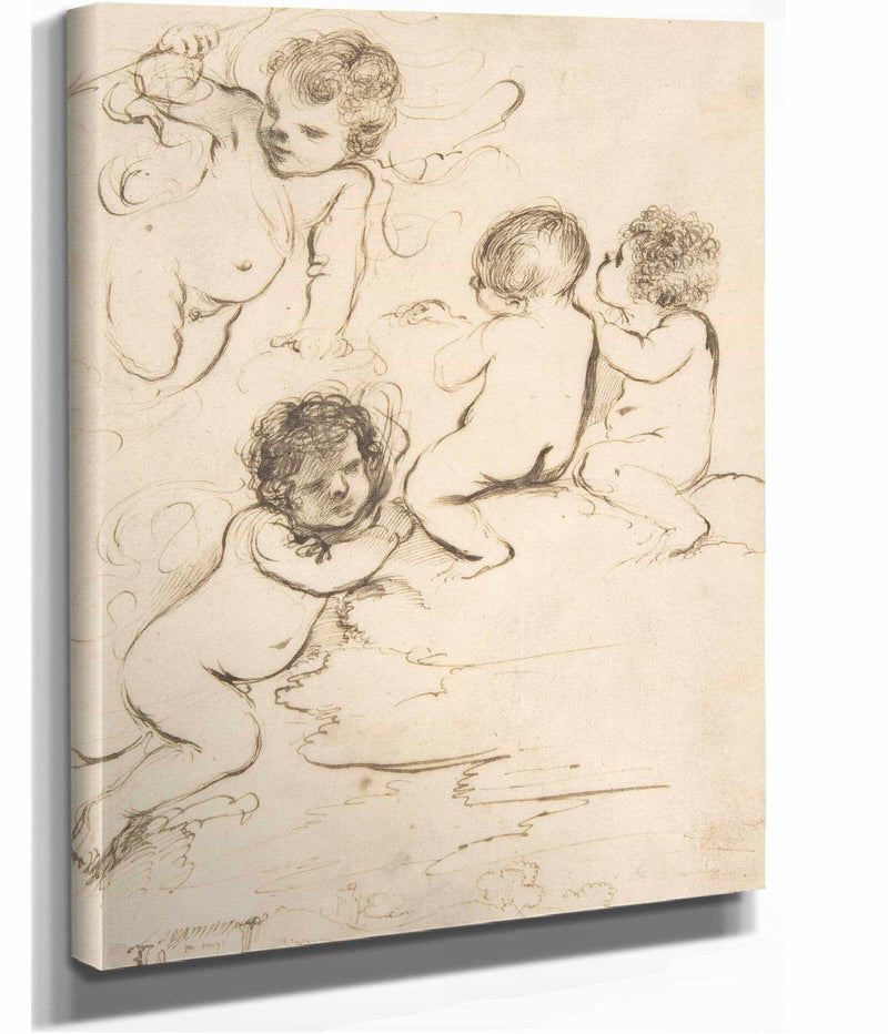 Four Putti With Bow And Arrows On Clouds Above A Landscape With A Tower   by Guercino