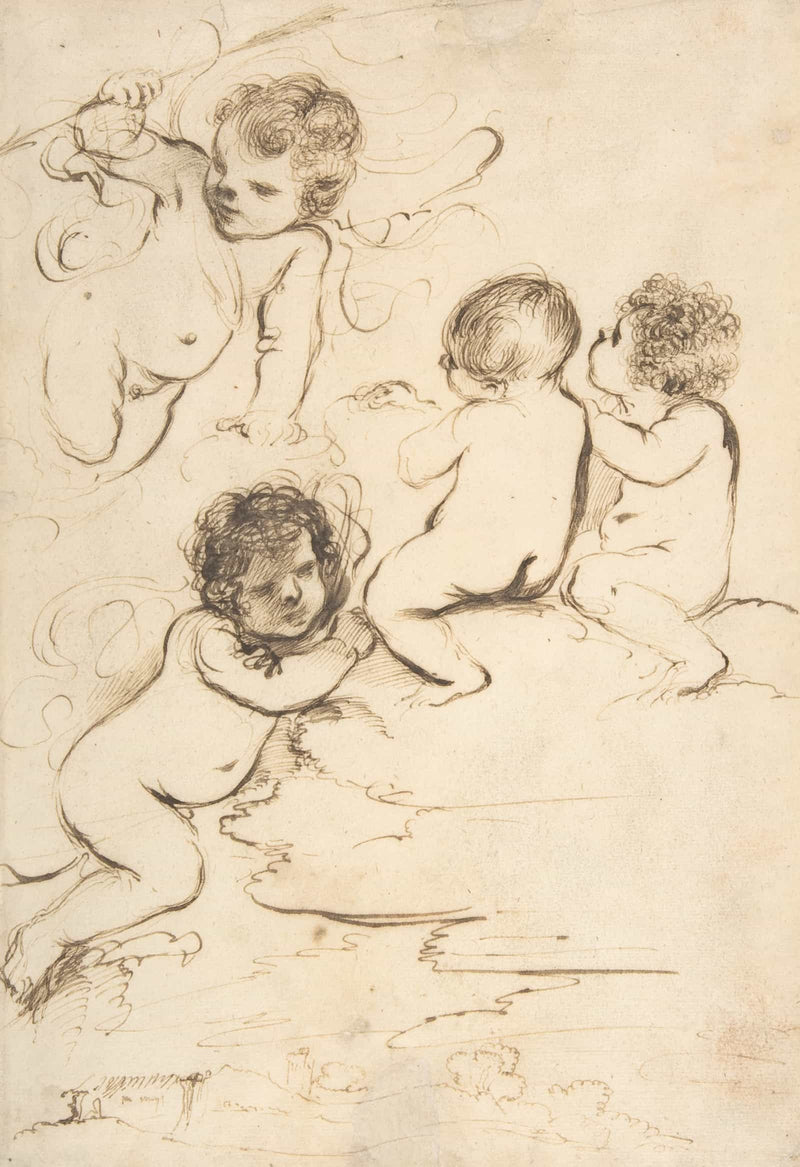 Four Putti With Bow And Arrows On Clouds Above A Landscape With A Tower   by Guercino