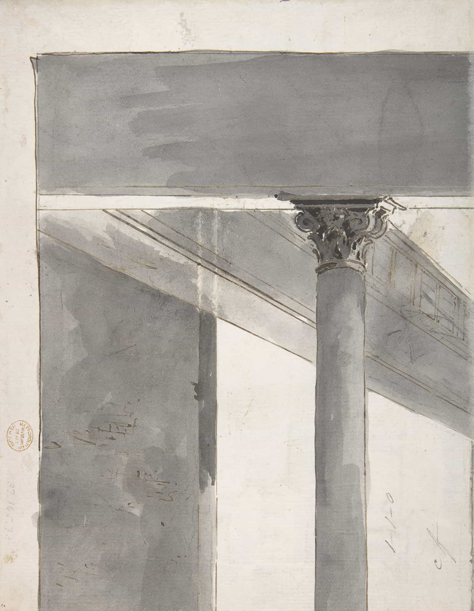 Fragment Of A Larger Drawing Representing Part Of A Column And A Cornice   by Francesco Guardi