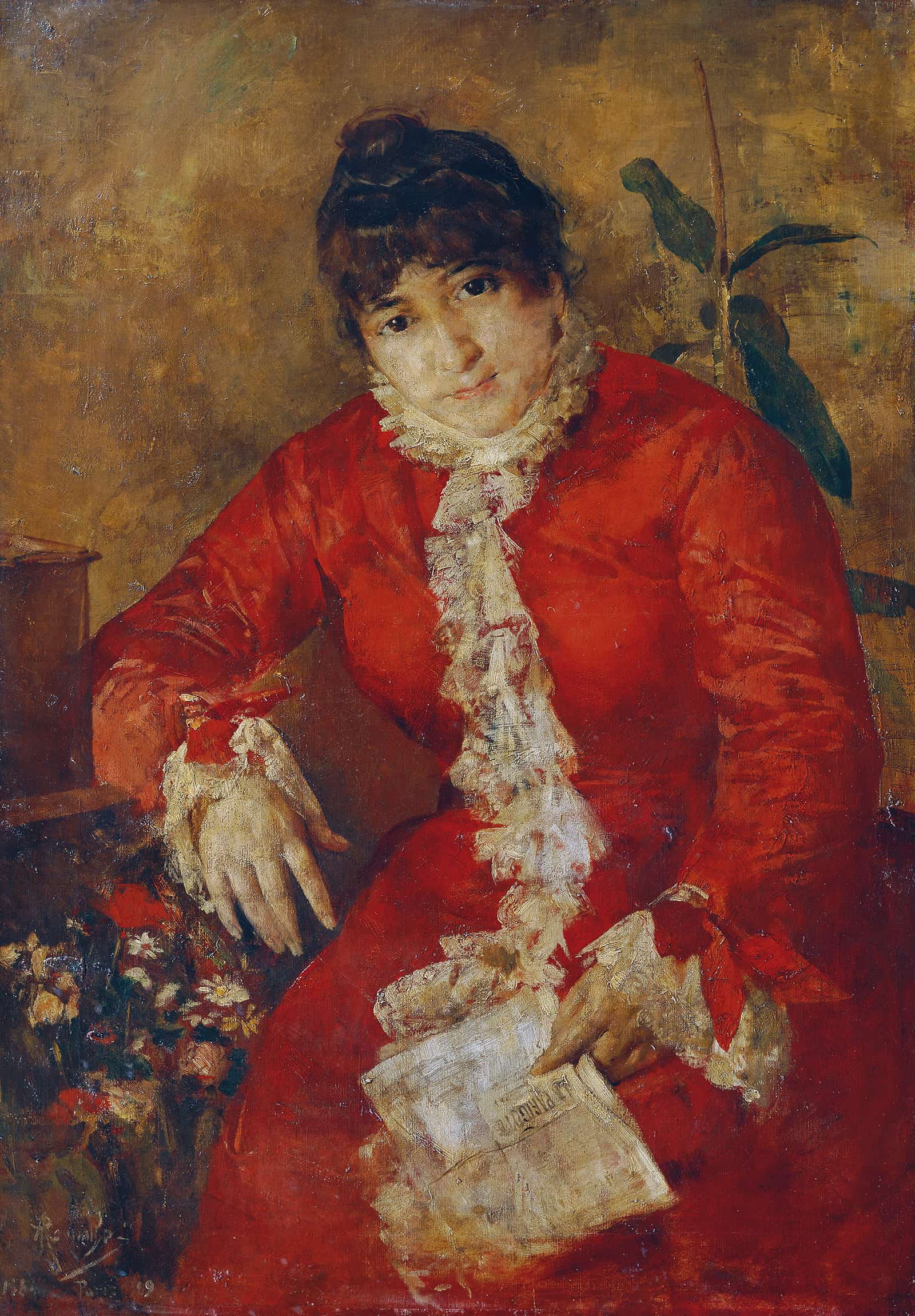 Frau Im Scharlachroten Kleid Mit Zeitungsblatt Und Ficus Frau Im Roten Kleid Mit Zeitung by Anton Romako