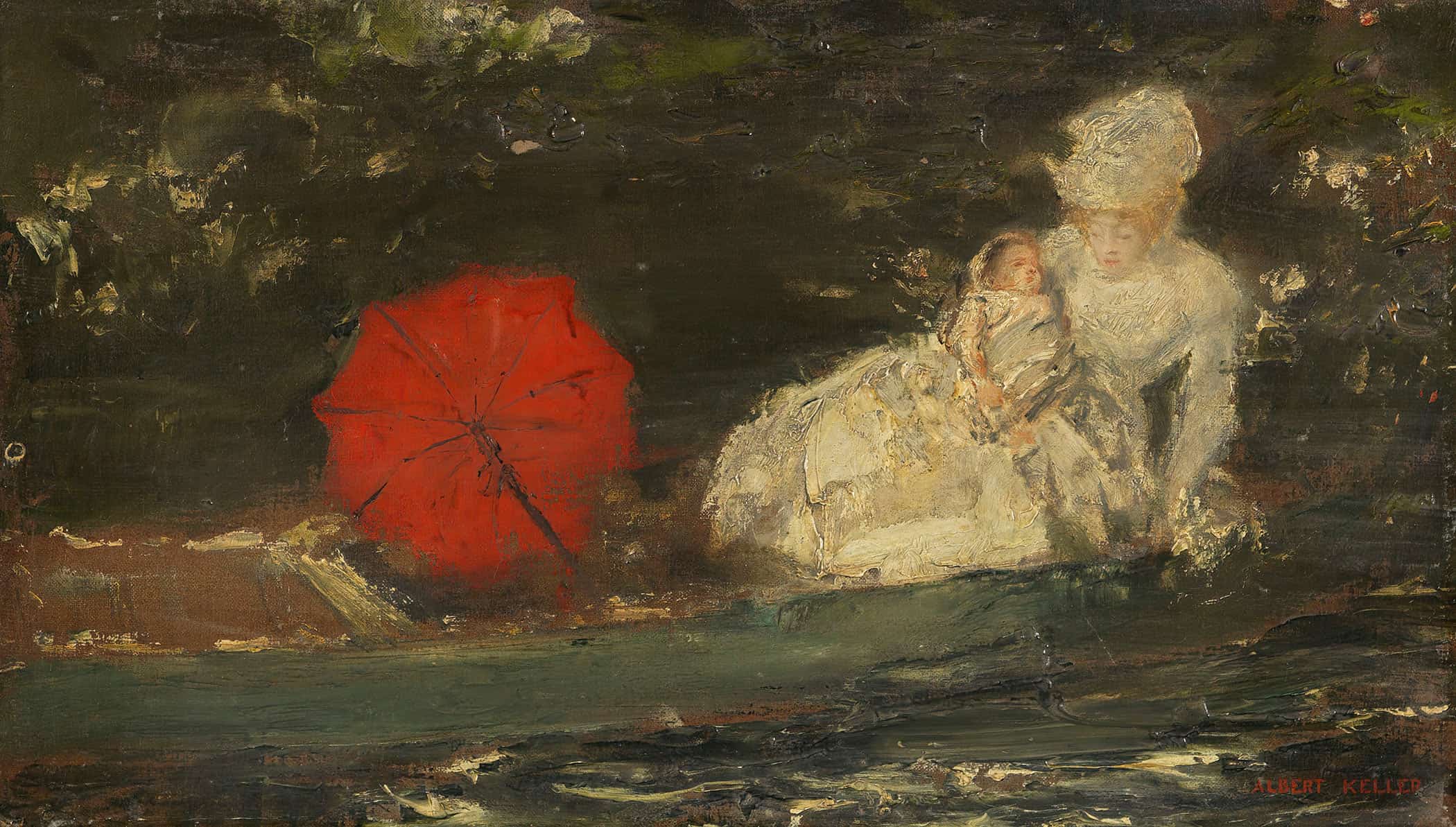 Frau Und Kind Im Freien Mit Rotem Parasol By Albert Von Keller