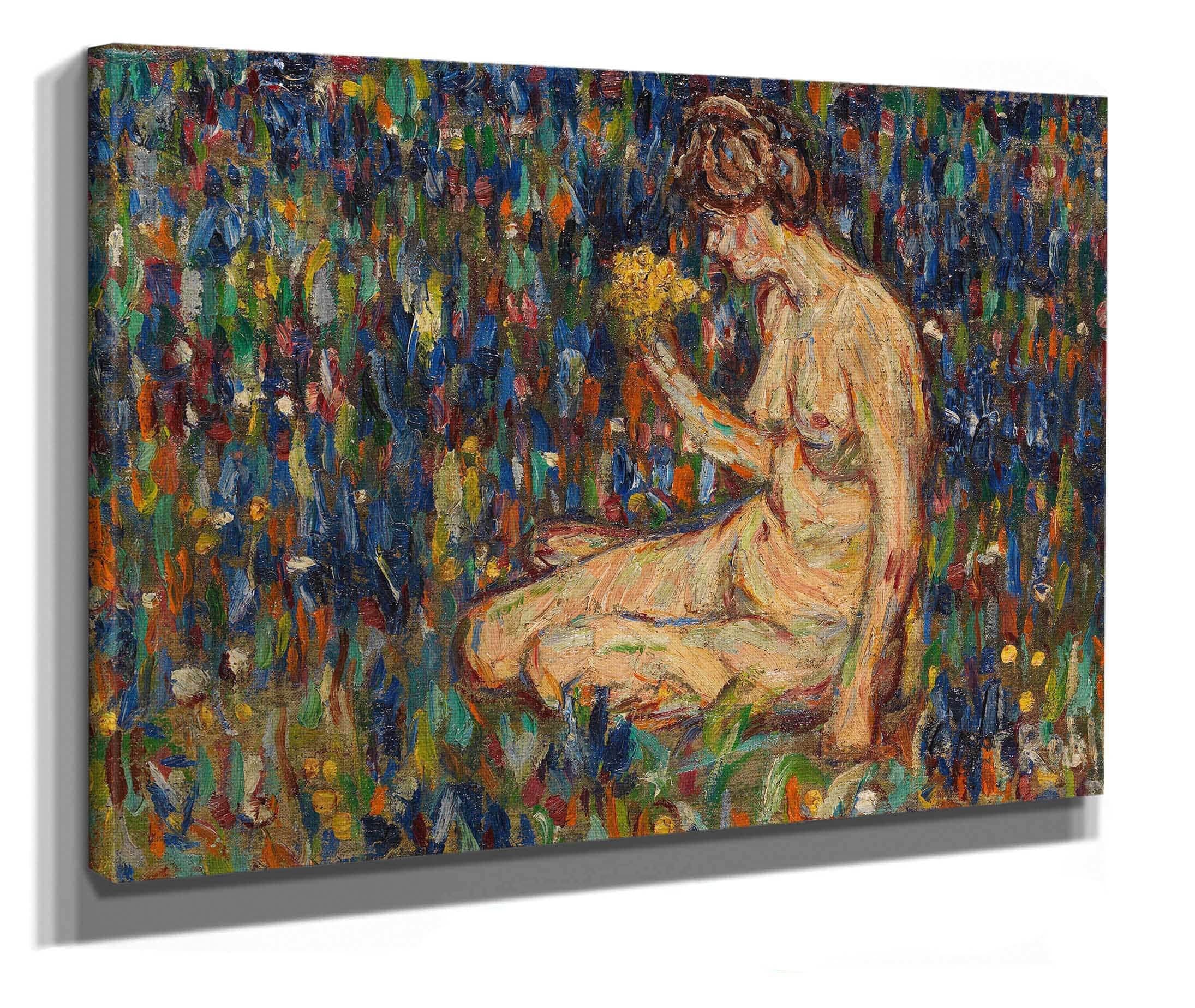 Frauenakt Mit Gelbem Blumenstraub Madchen Auf Der Wiese by Christian Rohlfs