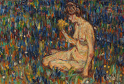 Frauenakt Mit Gelbem Blumenstraub Madchen Auf Der Wiese by Christian Rohlfs