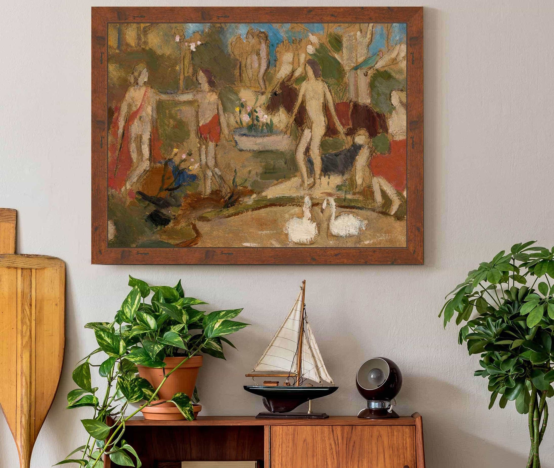 Garden Scene With Figures And Swans by Tadeusz Makowski