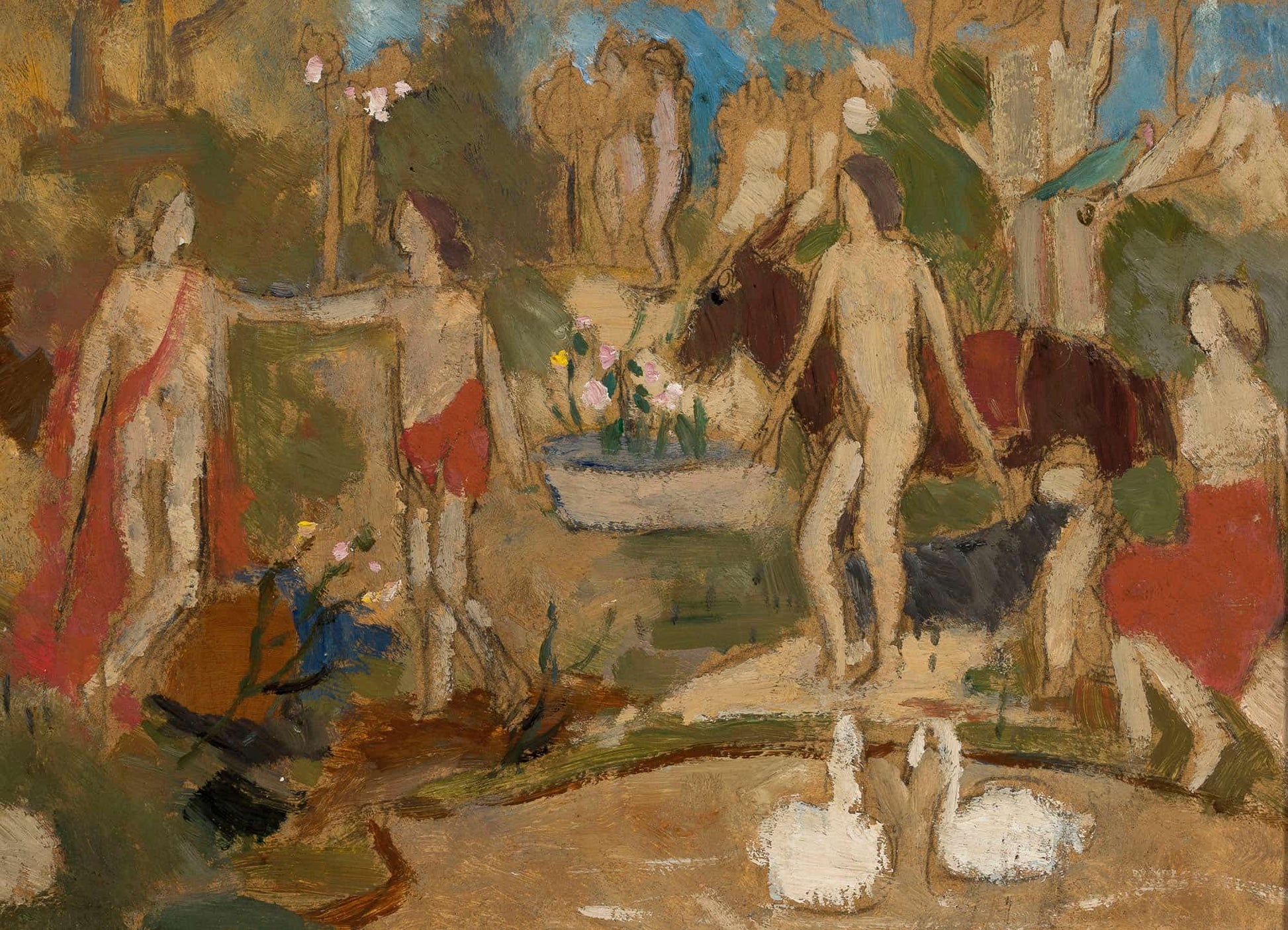 Garden Scene With Figures And Swans by Tadeusz Makowski