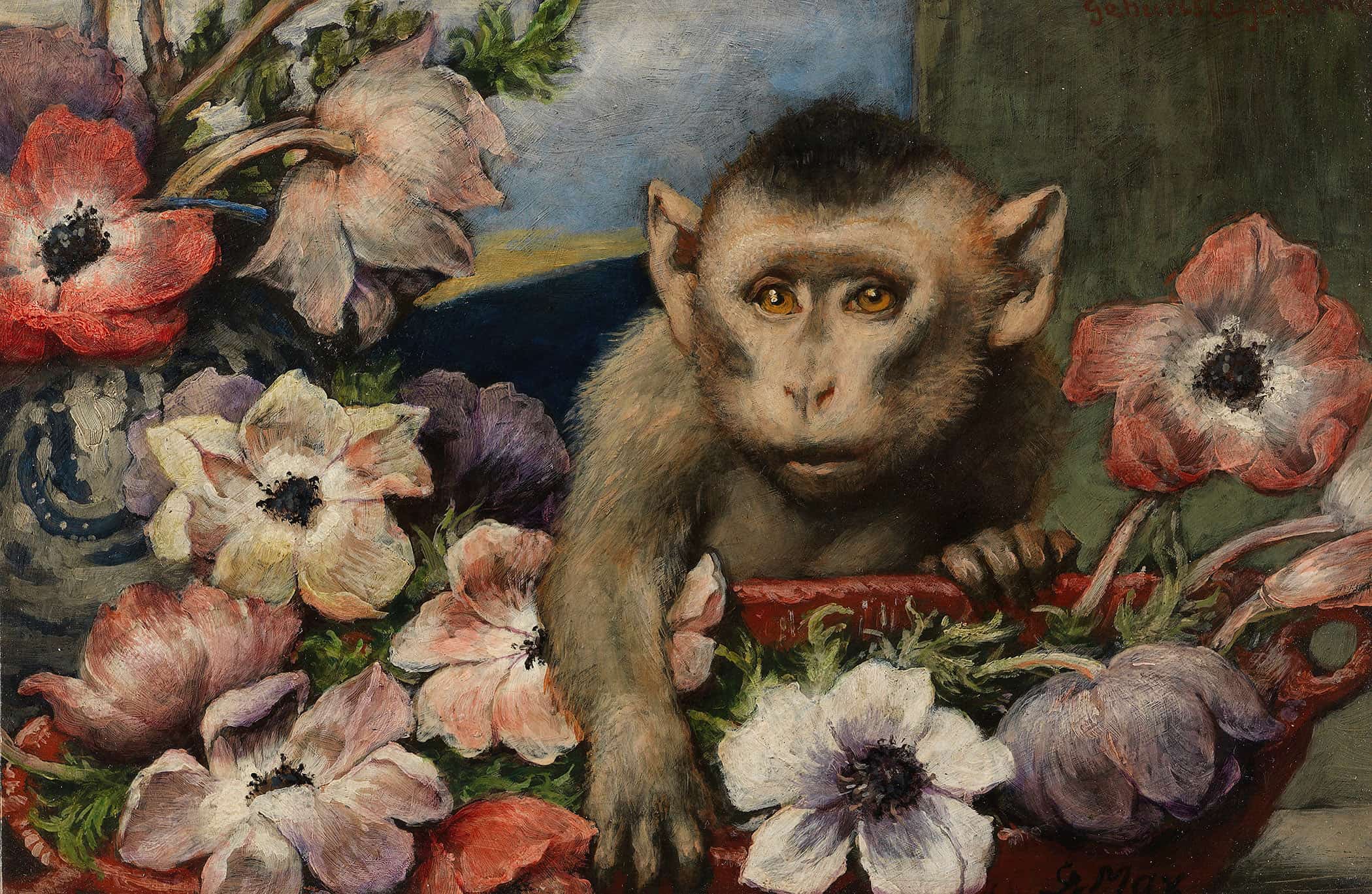 Geburtstagsblumen Affe Mit Anemonen by Gabriel Von Max
