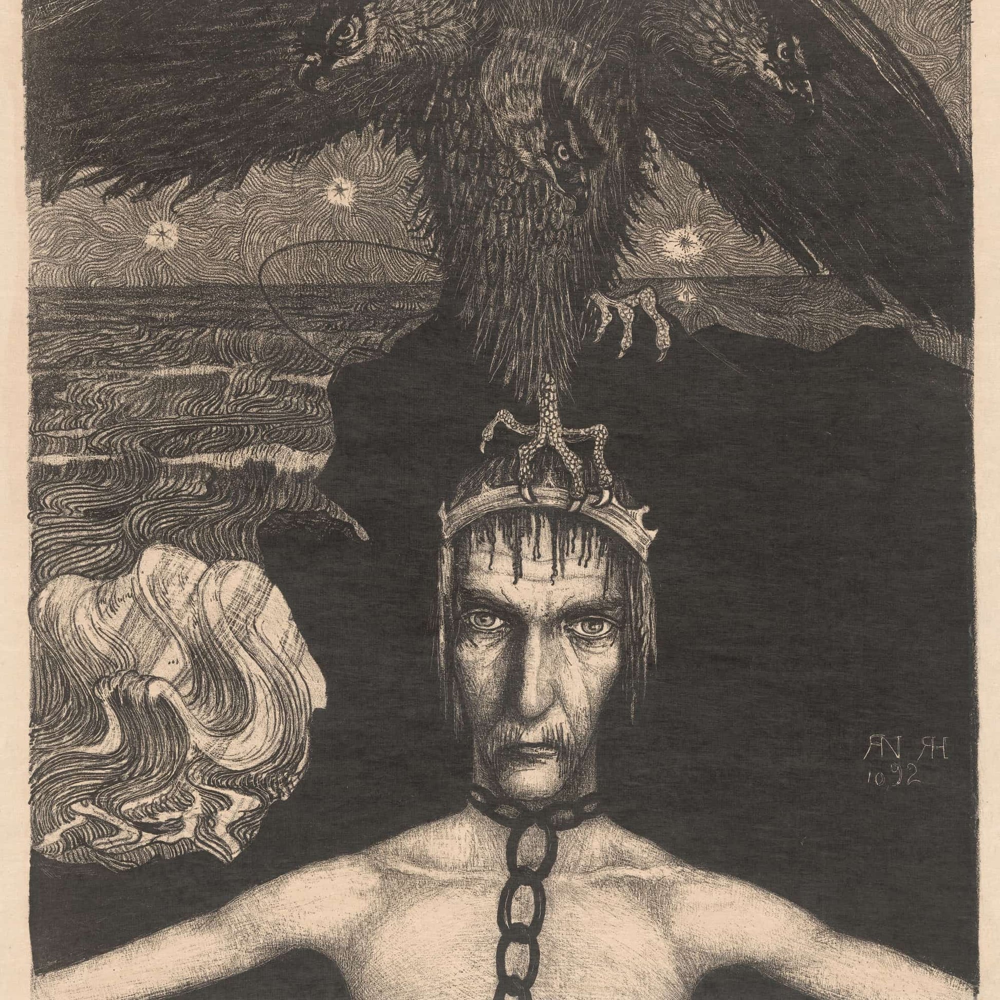 Geketende Man Met Driekoppige Roofvogel Op Het Hoofd by Richard Nicolaus Roland Holst