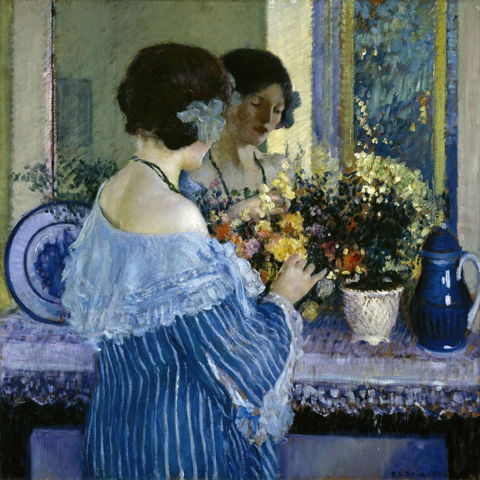 Girl In Blue Arranging Flowers by Frederick Carl Frieseke