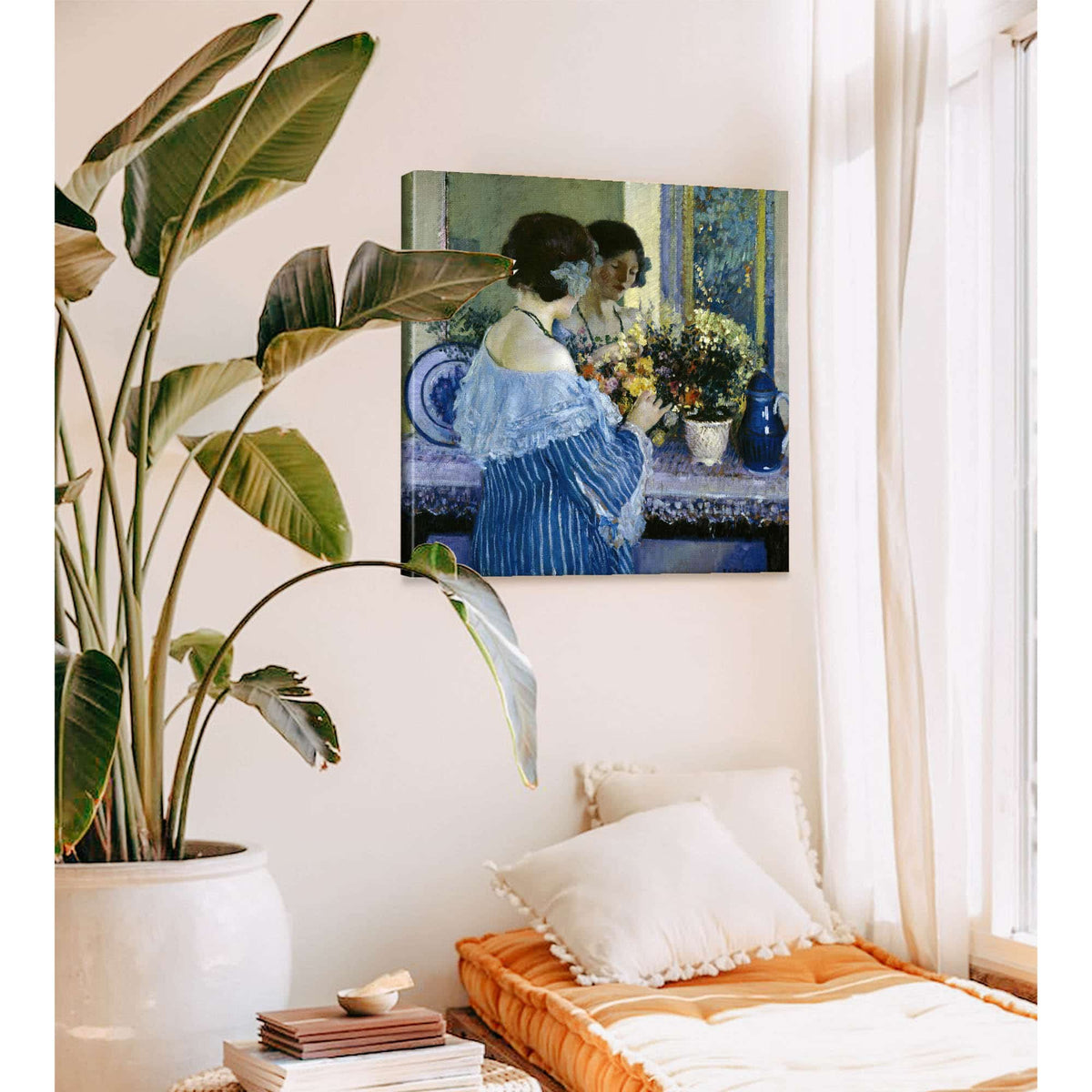 Girl In Blue Arranging Flowers by Frederick Carl Frieseke