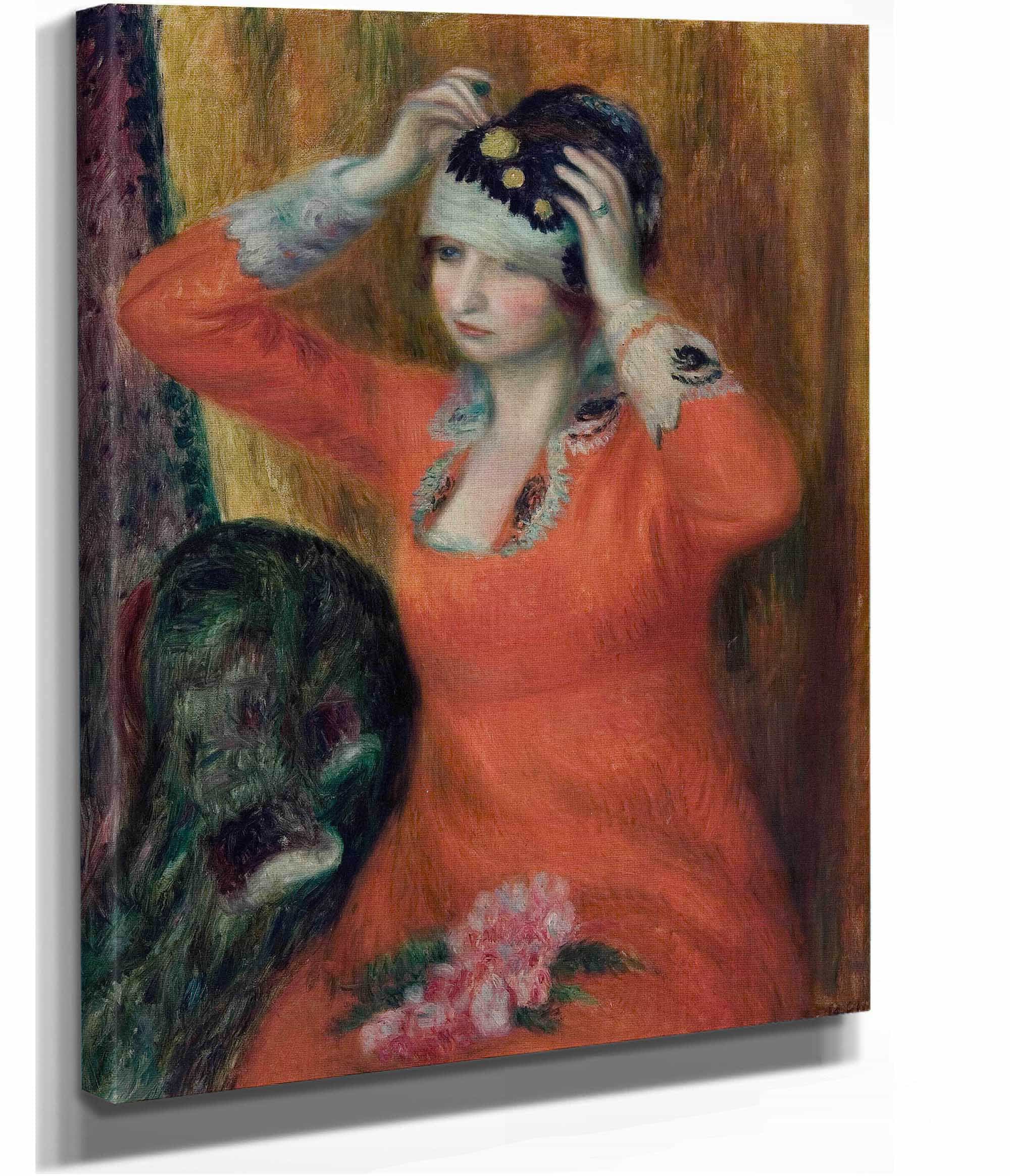 Girl In Red Dress Pinning On Hat   by William James Glackens
