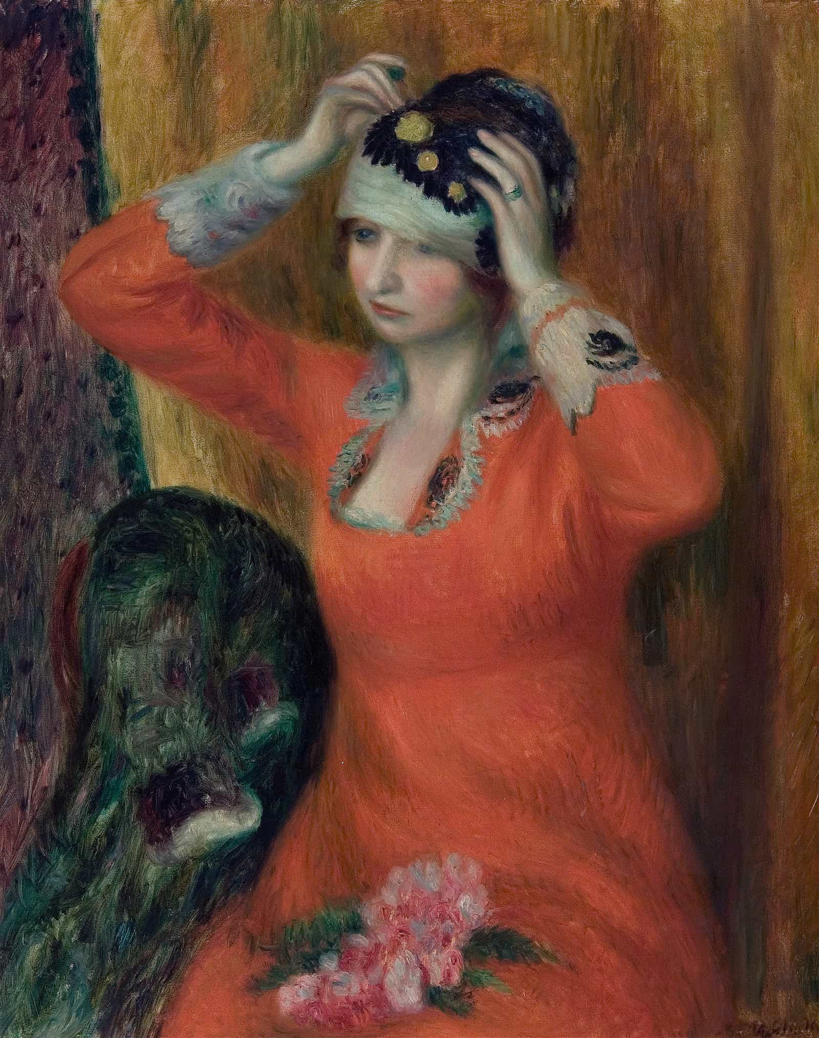 Girl In Red Dress Pinning On Hat   by William James Glackens
