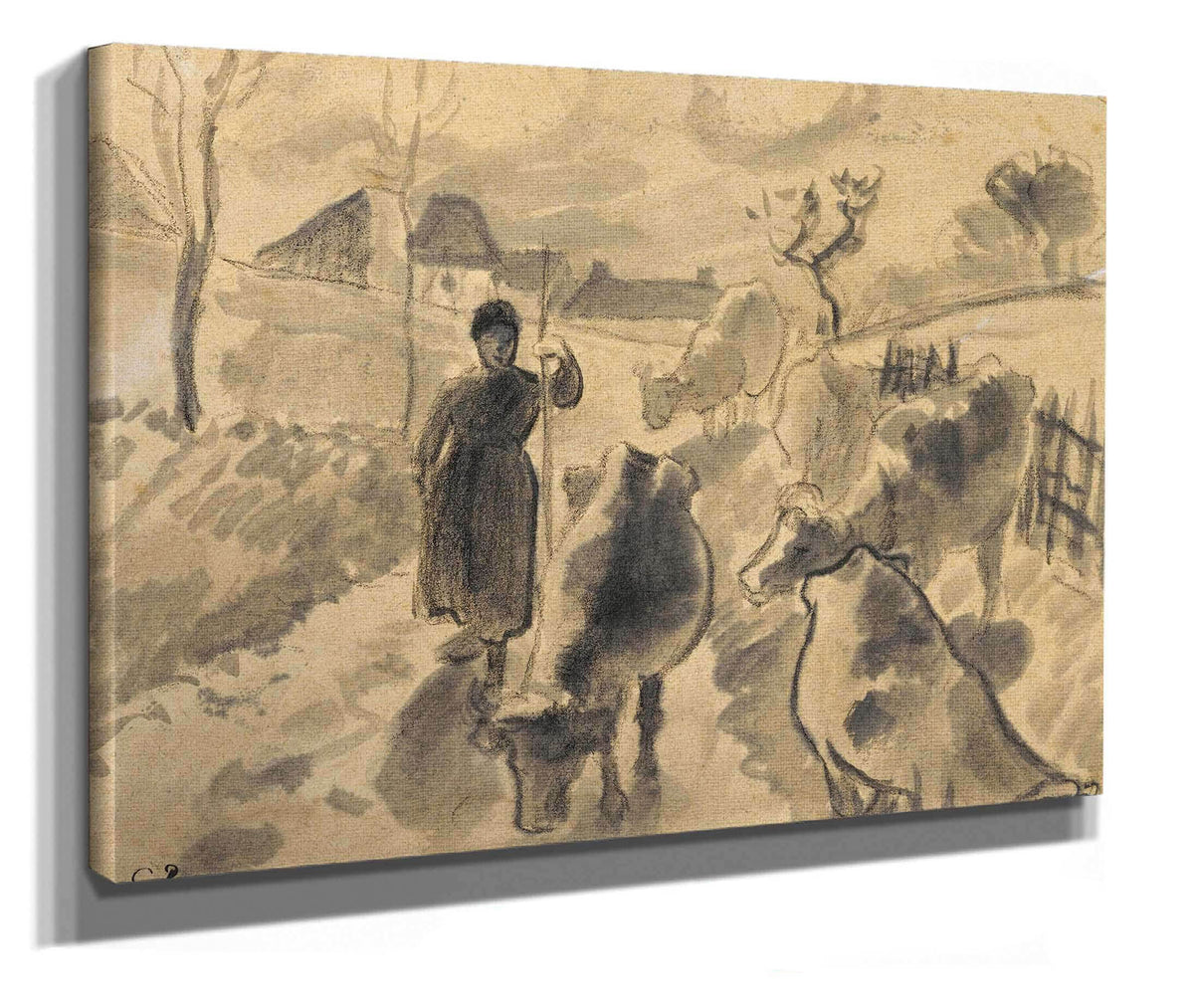 Girl Leading A Herd Of Cows Along A Road by Camille Pissarro