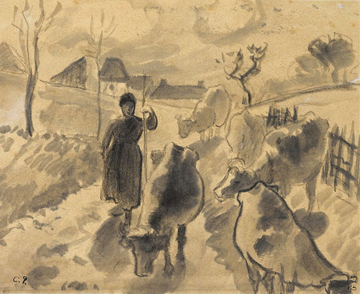 Girl Leading A Herd Of Cows Along A Road by Camille Pissarro