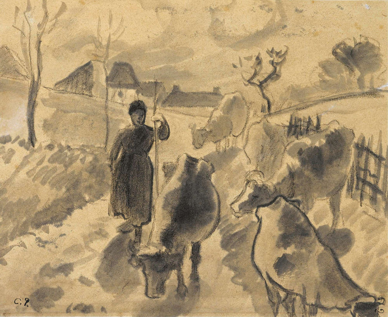 Girl Leading A Herd Of Cows Along A Road by Camille Pissarro