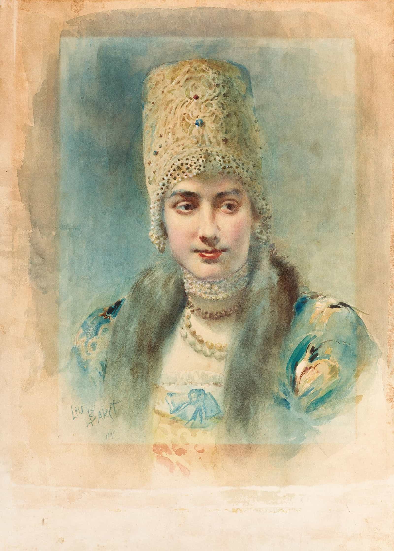 Girl Wearing A Kokoshnik And Pearl Choker by Leon Bakst