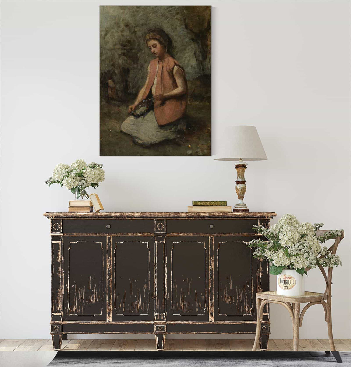 Girl Weaving A Garland   by Jean Baptiste Camille Corot