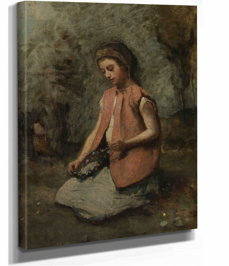 Girl Weaving A Garland   by Jean Baptiste Camille Corot